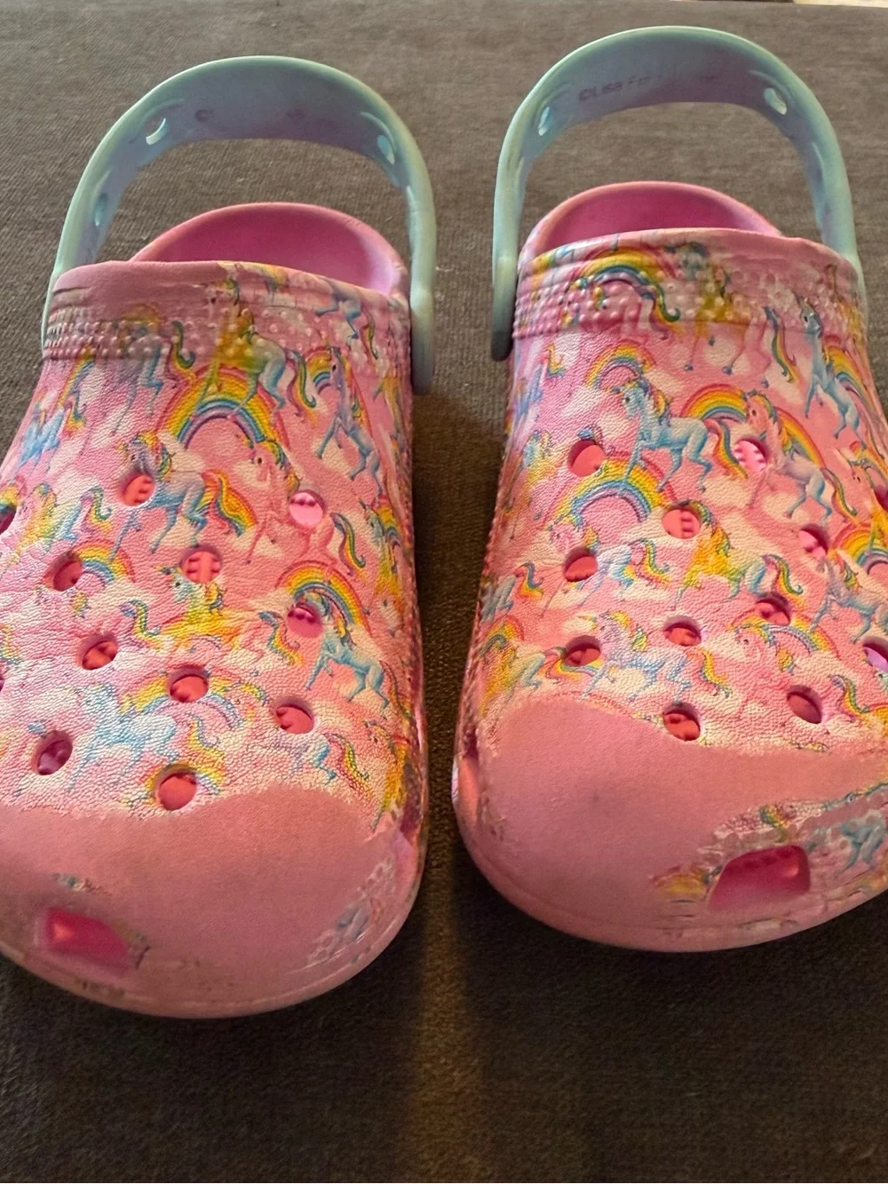 Lisa Frank Crocs Girls Size 2 Pink Floral Sandals - slip on- unicorns, rainbow